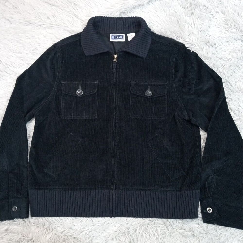 Erika & Co. Jacket Womens M Blue Denim Corduroy Coat Pockets Zip Up Comfy